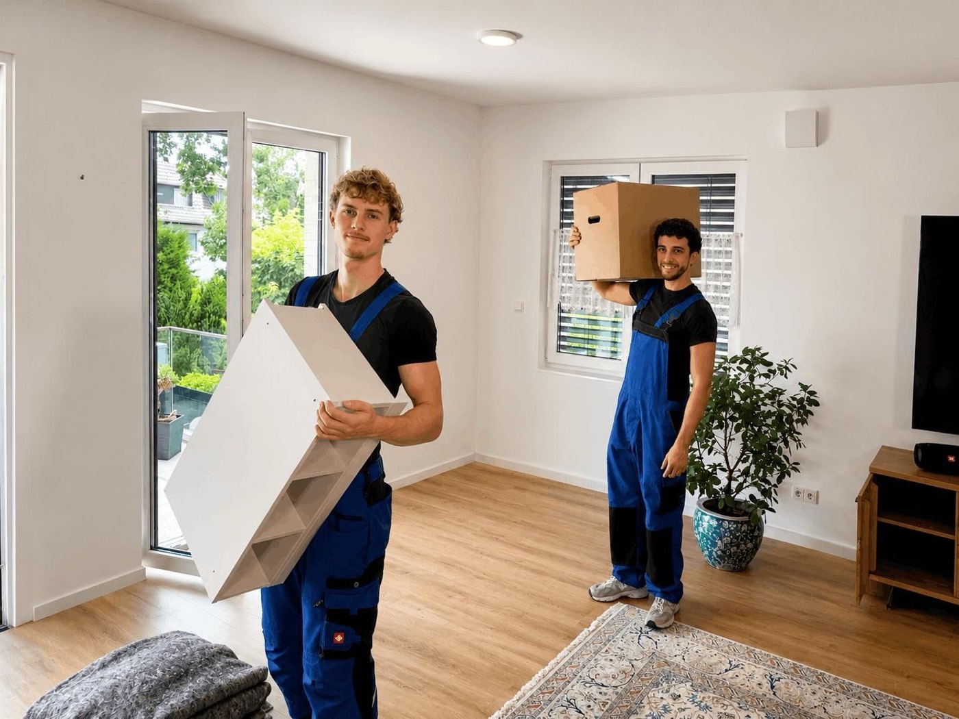 Zwei Umzugshelfer tragen Schrank und Karton durch eine Wohnung